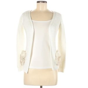 ⏰Tahari S white cardigan fur pockets sliver thread